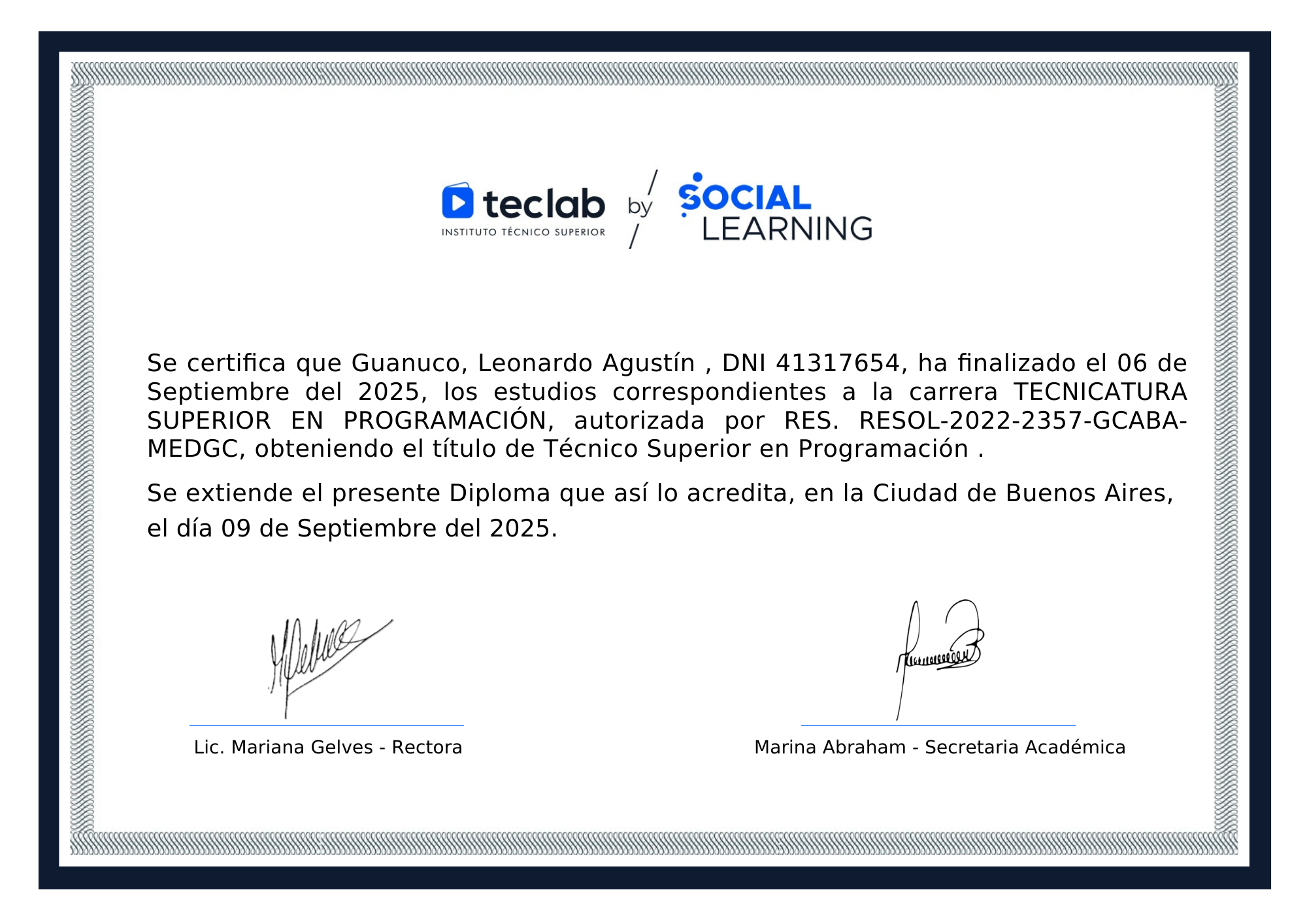 Certificado Teclab Instituto Técnico Superior Técnico en Programación